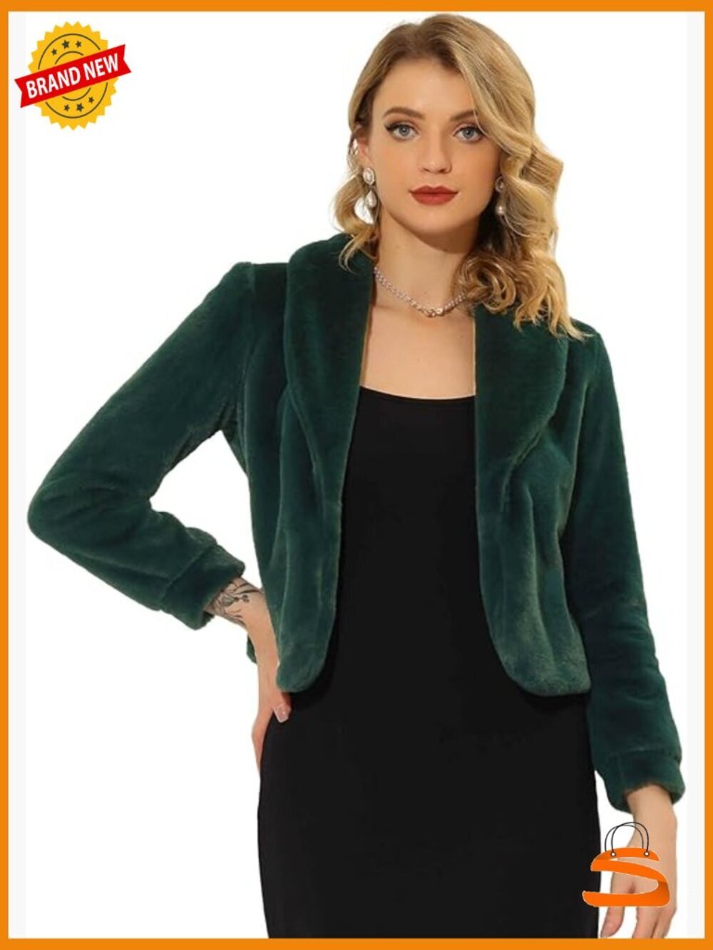 Faux Fur Crop Coat Open Front Lapel Fluffy Winter Jacket Long Sleeve